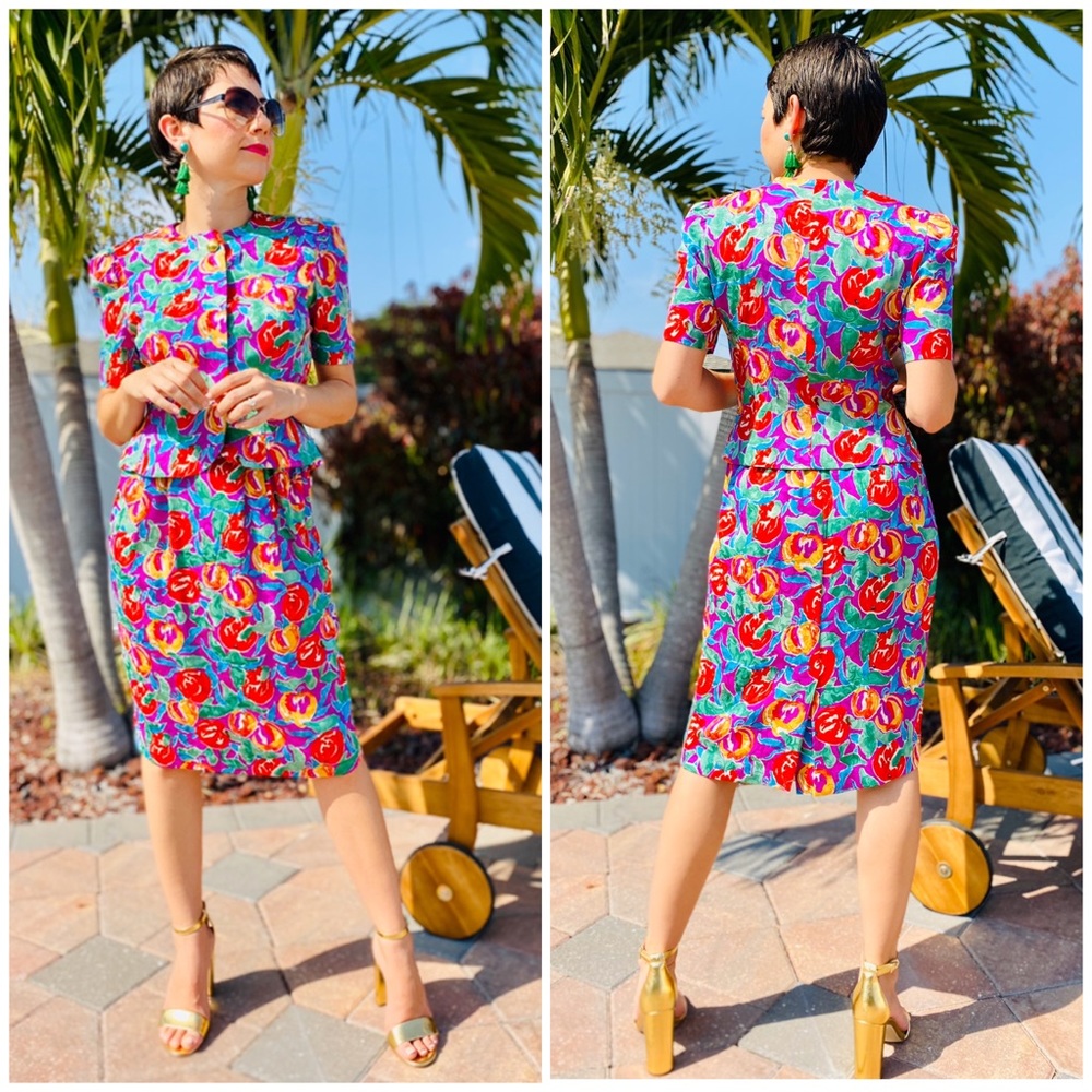 Vintage 80’s Silk Fruit Print Skirt Set